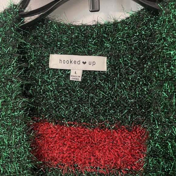 Hooked Up Ugly Christmas Sweater Cardigan Vest Tinsel Balls Sequin Bows L Green - Picture 5 of 13